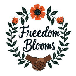 freedom blooms hands flower SVG PNG design with bold lettering, orange and green floral elements, an uplifting message