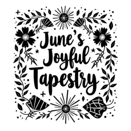 june's joyful tapestry floral SVG PNG design with bold lettering, black and white floral elements