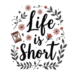 life short flowerdesign floral SVG PNG design with hand-drawn style, black and white floral elements, an uplifting message