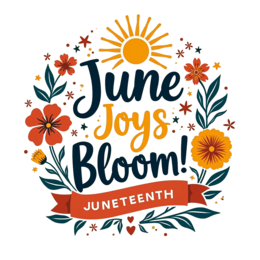 june joys bloom SVG PNG design with bold lettering, orange and red floral elements