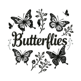 butterflies flora SVG PNG design with bold lettering, black and white floral elements
