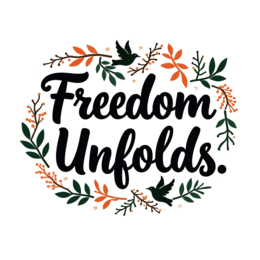 quotes freedom unfolds wreath SVG PNG design with bold lettering, orange and green floral elements