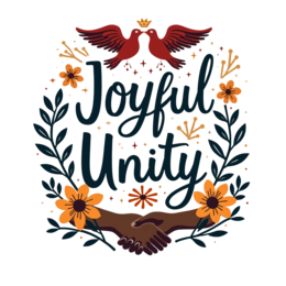 joyful unity SVG PNG design with bold lettering, red and cream floral elements