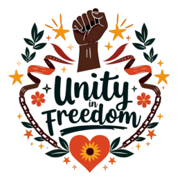 unity freedom shirt SVG PNG design with bold lettering, red and green floral elements, an uplifting message