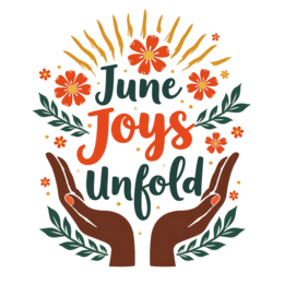 june joys SVG PNG design with bold lettering, black and orange floral elements, an uplifting message