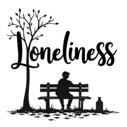 loneliness tree bench SVG PNG design with hand-drawn style, bold lettering, black and white floral elements
