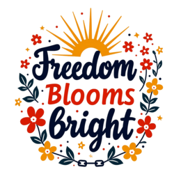 freedom blooms bright SVG PNG design with bold lettering, orange and red floral elements, an uplifting message
