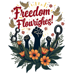 freedom flourishes SVG PNG design with bold lettering, orange and red floral elements, an uplifting message