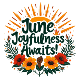 june joyfulness SVG PNG design with bold lettering, orange and red floral elements