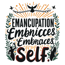 self emancipation SVG PNG design with bold lettering, black and orange floral elements, an uplifting message