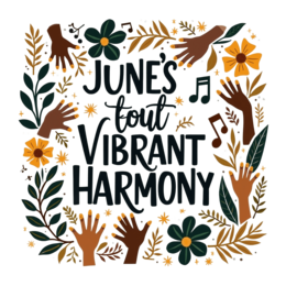 june vibrant harmony SVG PNG design with hand-drawn style, bold lettering, orange and green floral elements