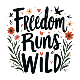 freedom runs wild SVG PNG design with hand-drawn style, bold lettering, black and orange floral elements