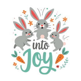 bunnies joy SVG PNG design with bold lettering, white and green floral elements