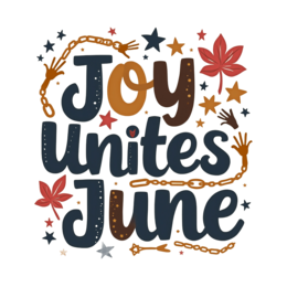 joy unites june SVG PNG design with hand-drawn style, bold lettering, orange floral elements