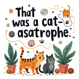 cat astrophe playful SVG PNG design with bold lettering, black and orange floral elements