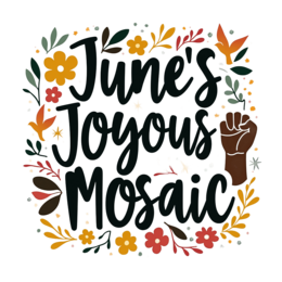 june's joyous mosaic SVG PNG design with hand-drawn style, bold lettering, black and orange floral elements