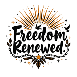 freedom renewed SVG PNG design with bold lettering, black and orange floral elements, an uplifting message