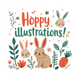 happy bunnies illustrations floral SVG PNG design with bold lettering, orange and green floral elements