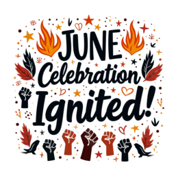 june celebration ignited SVG PNG design with bold lettering, black and white floral elements