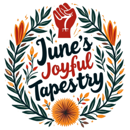 june joyful tapestry SVG PNG design with bold lettering, red floral elements