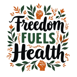 wellness freedom SVG PNG design with bold lettering, black and orange floral elements, an uplifting message