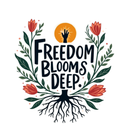 freedom illustration flora SVG PNG design with bold lettering, black and red floral elements, an uplifting message