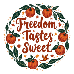 freedom apples SVG PNG design with bold lettering, orange and green floral elements