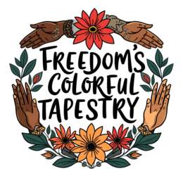 freedom colorful tapestry SVG PNG design with hand-drawn style, bold lettering, orange and red floral elements