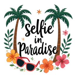 selfie paradise SVG PNG design with bold lettering, red floral elements