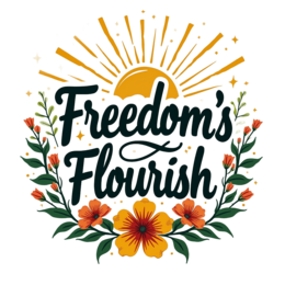 freedom flourish SVG PNG design with bold lettering, white and orange floral elements, an uplifting message