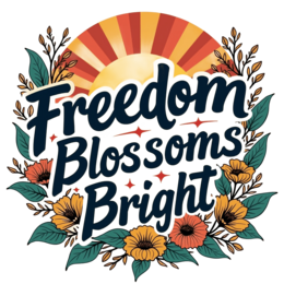 freedom blossoms bright SVG PNG design with bold lettering, orange and green floral elements, an uplifting message