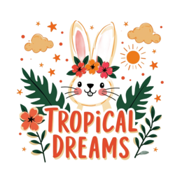 tropical dreams bunny floral SVG PNG design with bold lettering, orange and pink floral elements