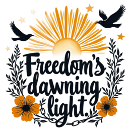 sunrise freedom SVG PNG design with bold lettering, black and orange floral elements, an uplifting message
