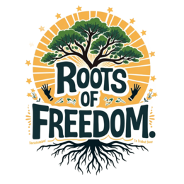 roots tree freedom SVG PNG design with bold lettering, green and yellow floral elements, an uplifting message