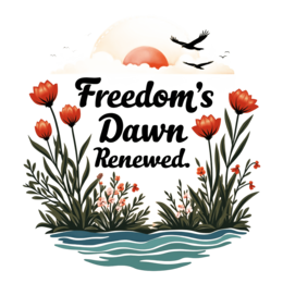 freedom dawn flowers SVG PNG design with bold lettering, orange and red floral elements