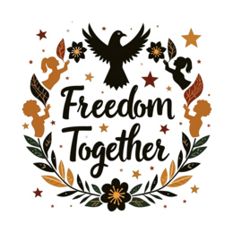 freedom together SVG PNG design with bold lettering, black and orange floral elements, an uplifting message