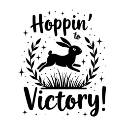 hopping rabbit victory SVG PNG design with bold lettering, black and white floral elements, an uplifting message