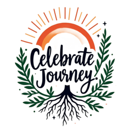 celebrate journey SVG PNG design with bold lettering, black and orange floral elements, an uplifting message