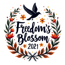 freedom blossom SVG PNG design with bold lettering, black and orange floral elements, an uplifting message