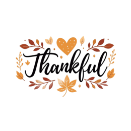 thankful leaves heart SVG PNG design with hand-drawn style, bold lettering, black and orange floral elements