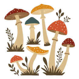 mushrooms whimsy SVG PNG design with hand-drawn style, white and orange floral elements