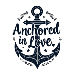 anchored love SVG PNG design with bold lettering, black and white floral elements