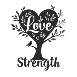 love strength tree SVG PNG design with bold lettering, black and white floral elements