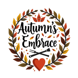 autumns embrace wreath SVG PNG design with bold lettering, orange and red floral elements
