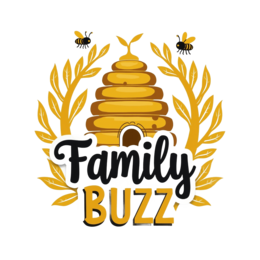 family buzz beehive SVG PNG design with bold lettering, black and white floral elements