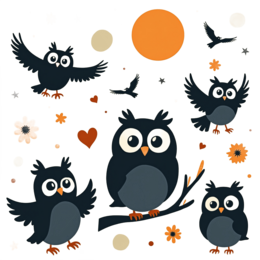 owls friendly SVG PNG design with black and orange floral elements