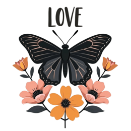 butterfly flowers floral SVG PNG design with bold lettering, black and orange floral elements