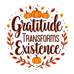 gratitude transformation SVG PNG design with hand-drawn style, bold lettering, orange and red floral elements