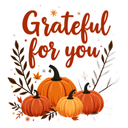 grateful pumpkins leaves SVG PNG design with bold lettering, white and orange floral elements