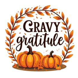 gravy gratitude pumpkins wreath SVG PNG design with bold lettering, white and orange floral elements